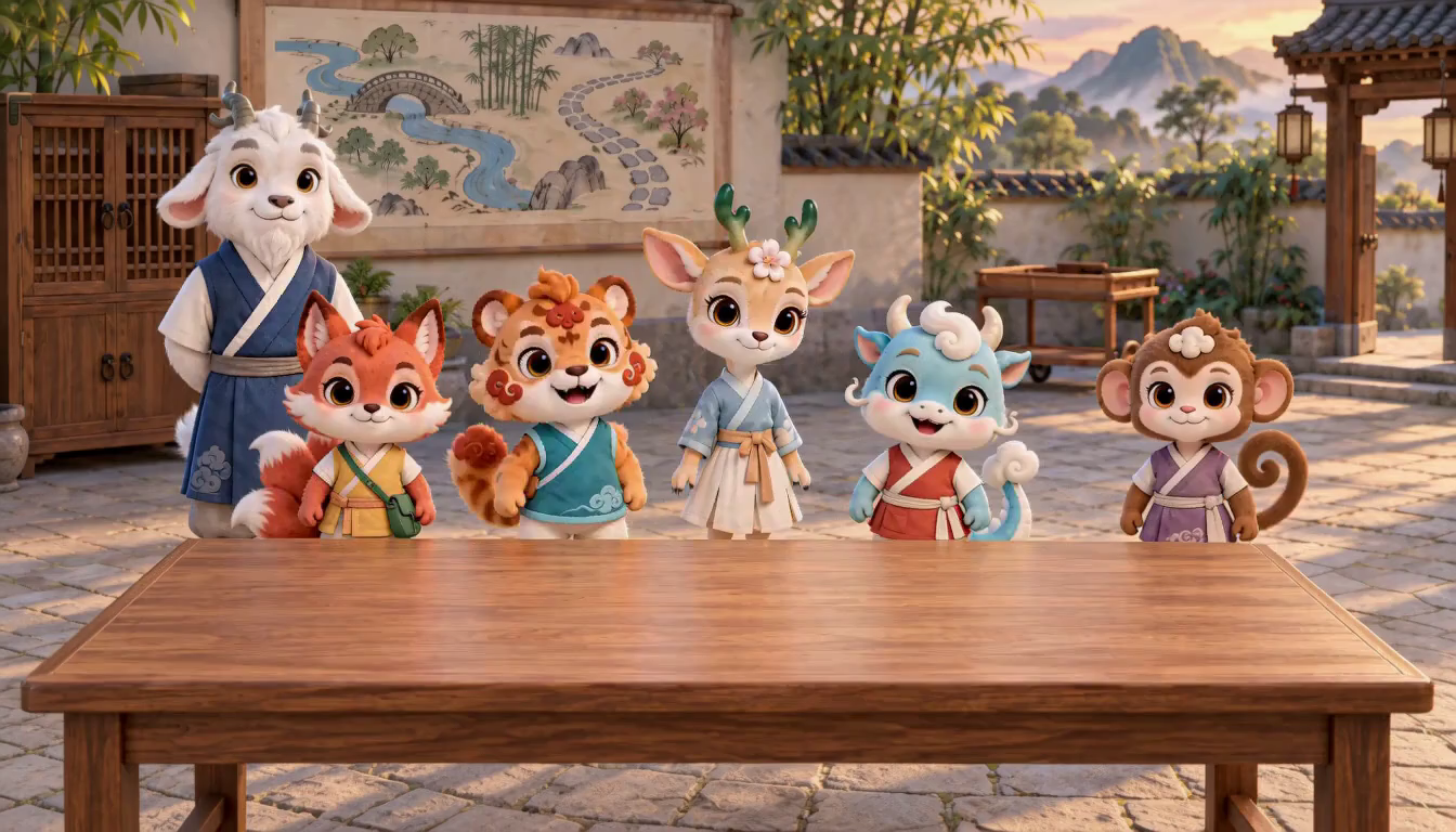 六位小灵兽在小院计数桌旁，柜在左，小车在右